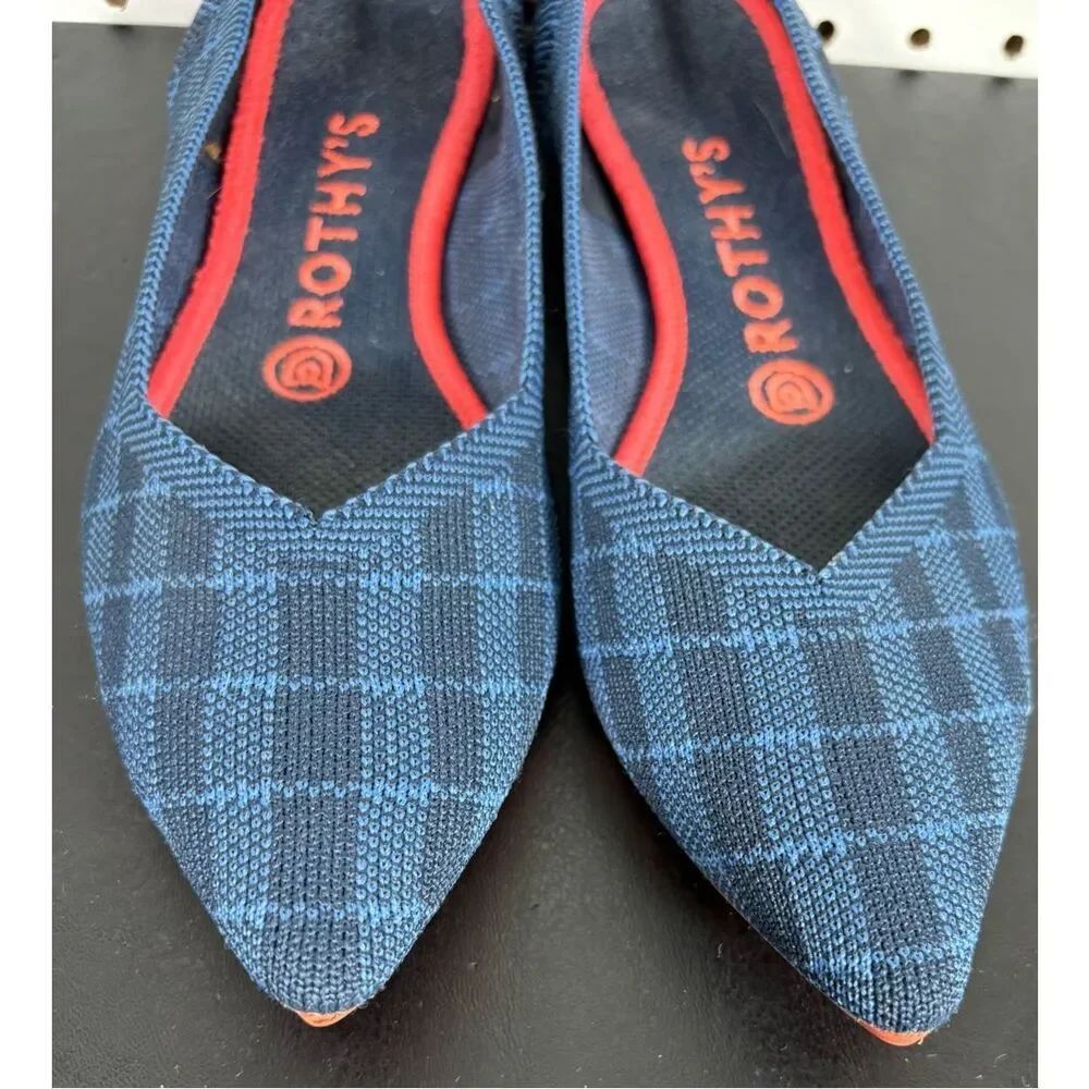Rothy's The Point Indigo Gimgham Plaid Ballet Flats Shoes Woman’s Size 7.5 W